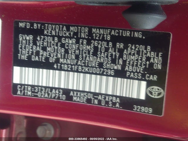 2019 Toyota Avalon, VIN: 4T1B21FB2KU007296