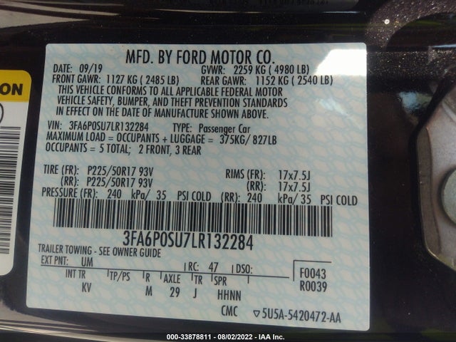 2020 Ford Fusion, VIN: 3FA6P0SU7LR132284