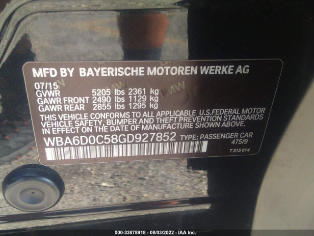 2016 BMW 6 Series, VIN: WBA6D0C58GD927852