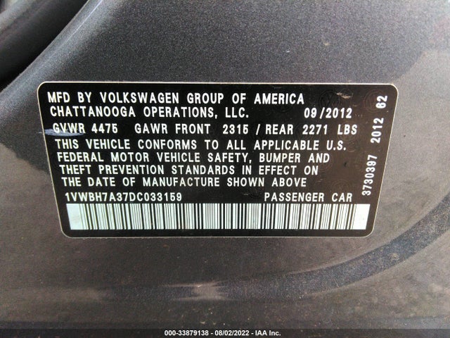 1VWBH7A37DC033159 Volkswagen Passat Se W/sunroof