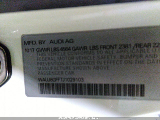 2018 AUDI A3 SEDAN VIN: WAUJ8GFF7J1029103