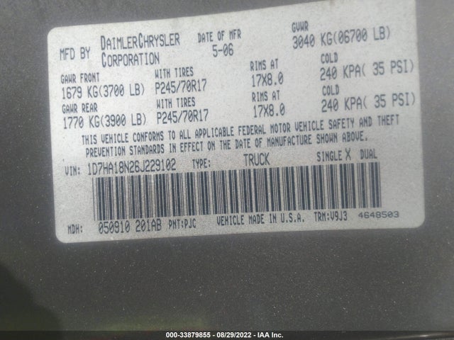 2006 DODGE RAM 1500 SLT VIN: 1D7HA18N26J229102