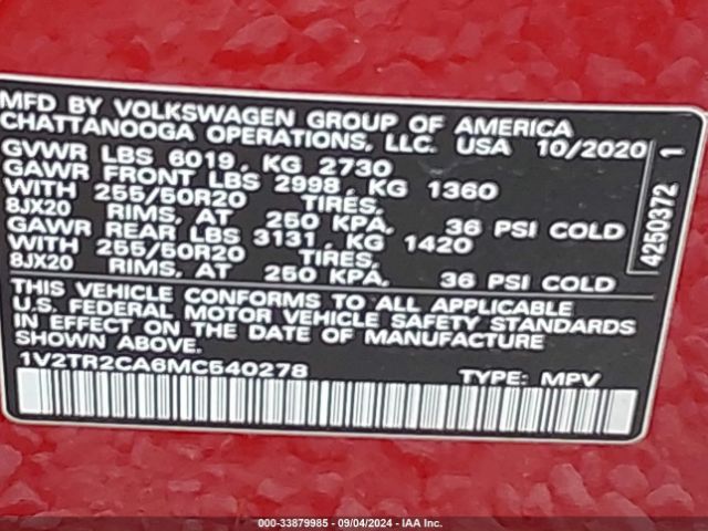1V2TR2CA6MC540278 Volkswagen Atlas 3.6l V6 Sel Premium