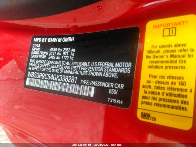 2016 BMW M4, VIN: WBS3R9C54GK338281