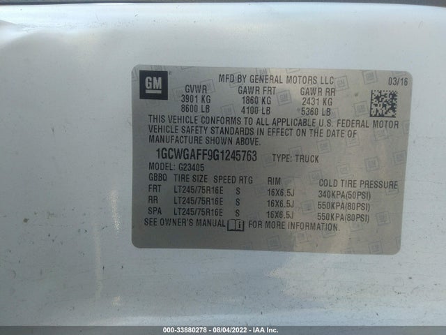 2016 Chevrolet Express, VIN: 1GCWGAFF9G1245763