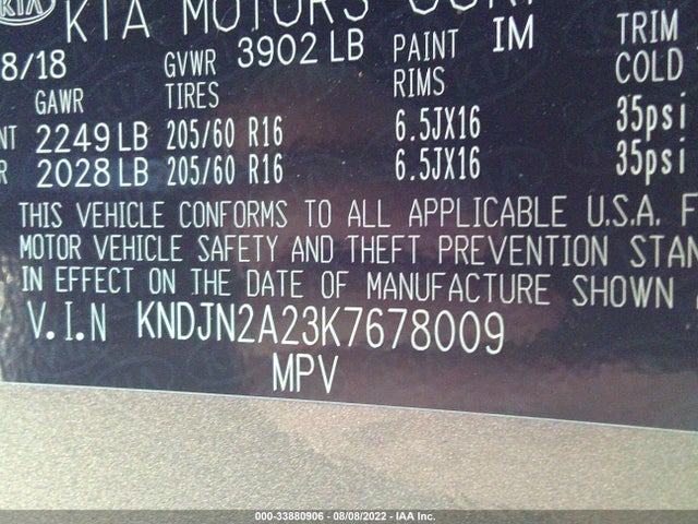 2019 KIA SOUL BASE VIN: KNDJN2A23K7678009