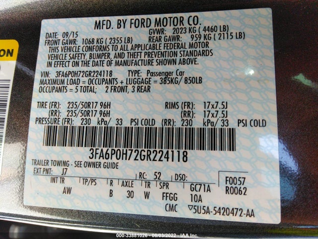 2016 Ford Fusion, VIN: 3FA6P0H72GR224118