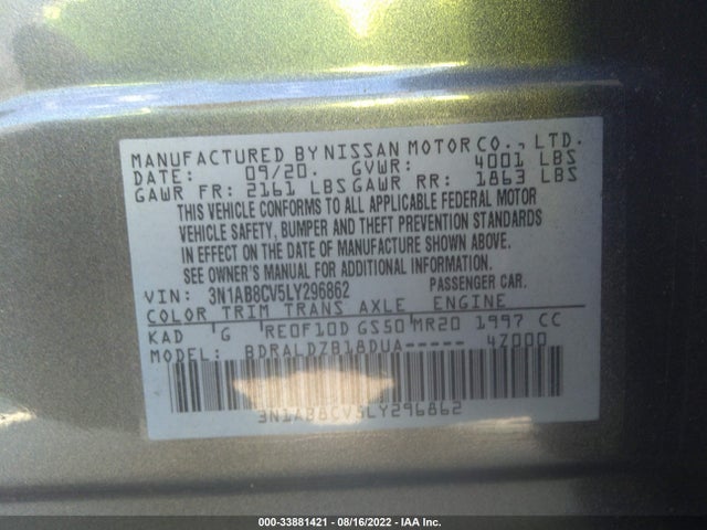 2020 Nissan Sentra, VIN: 3N1AB8CV5LY296862
