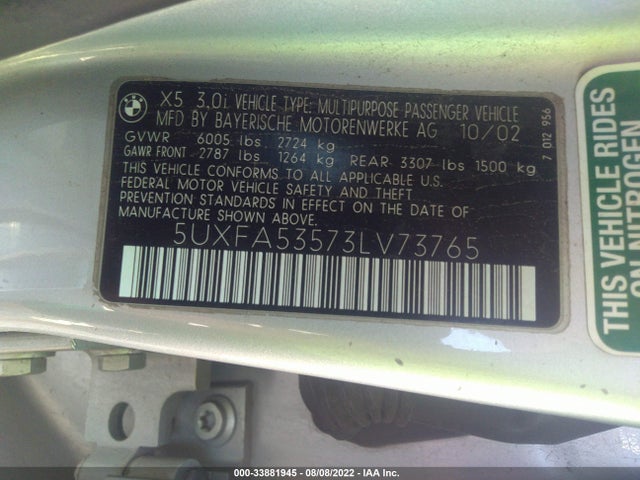 2003 BMW X5 3.0I VIN: 5UXFA53573LV73765