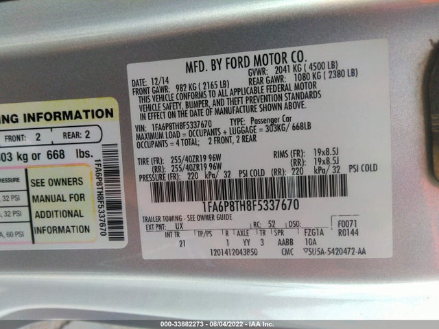 2015 FORD MUSTANG ECOBOOST VIN: 1FA6P8TH8F5337670