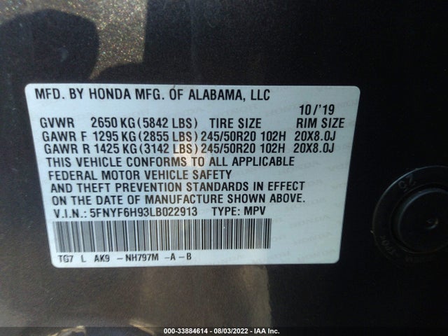 2020 Honda Pilot, VIN: 5FNYF6H93LB022913