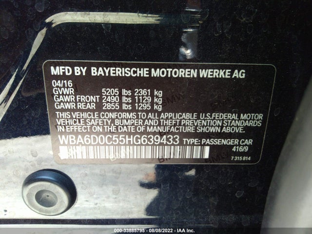 2017 BMW 6 Series, VIN: WBA6D0C55HG639433