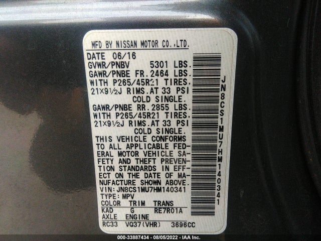 2017 Infiniti QX70, VIN: JN8CS1MU7HM140341