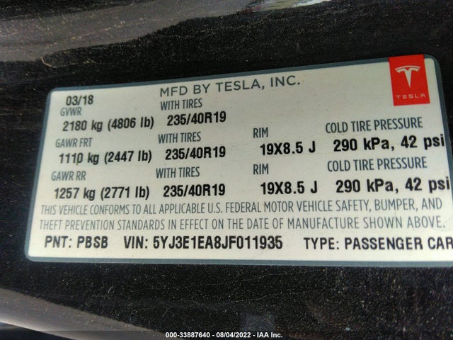 Tesla Model 3 Range Battery 2018 5YJ3E1EA8JF011935 Image 9