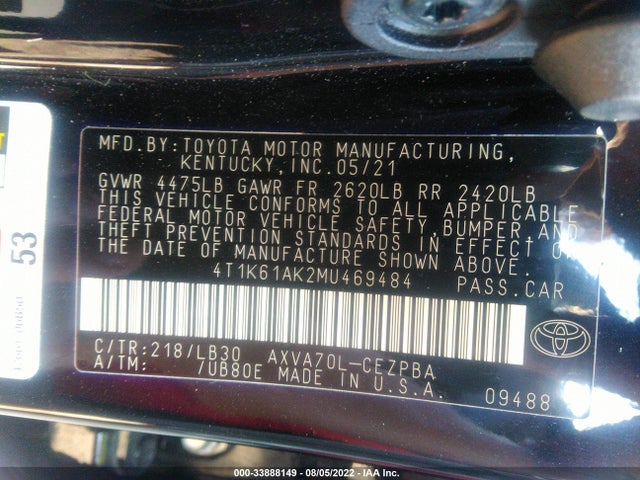 2021 TOYOTA CAMRY XSE VIN: 4T1K61AK2MU469484