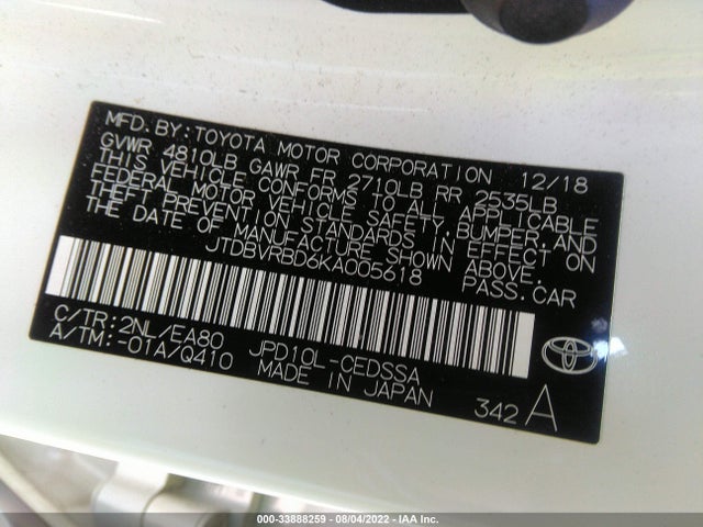 2019 Toyota Mirai, VIN: JTDBVRBD6KA005618