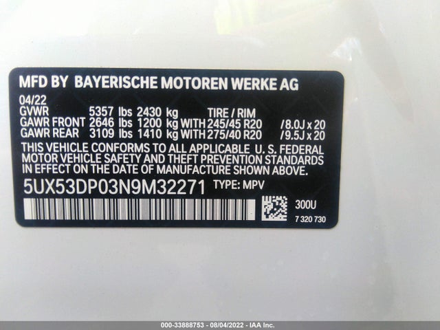 2022 BMW X3, VIN: 5UX53DP03N9M32271