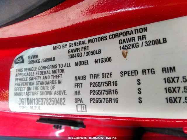 5GTDN13E378250482 Hummer H3 SUV