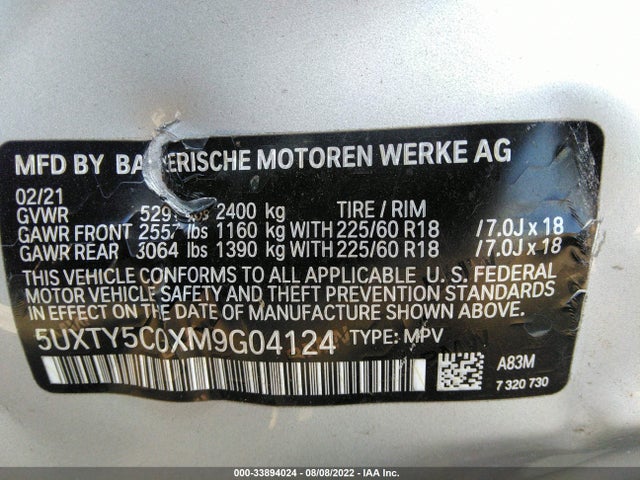 2021 BMW X3 XDRIVE30I VIN: 5UXTY5C0XM9G04124