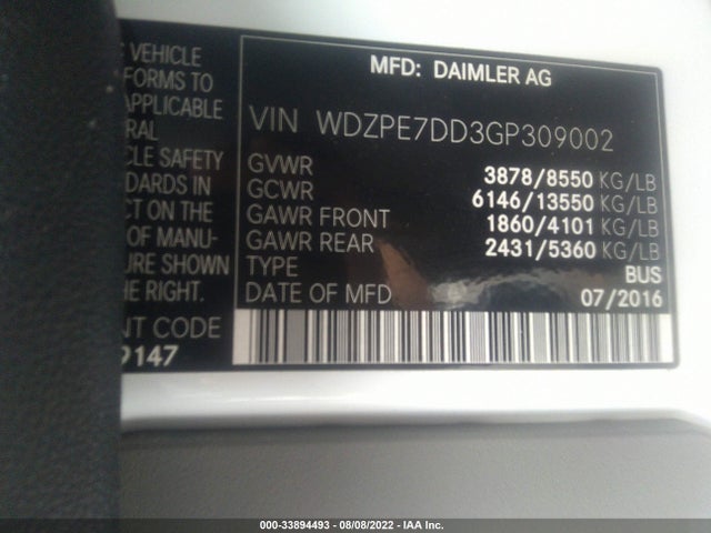 2016 Mercedes-Benz Sprinter, VIN: WDZPE7DD3GP309002