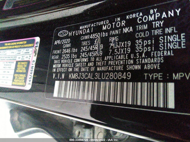 2020 HYUNDAI TUCSON SPORT VIN: KM8J3CAL3LU280849