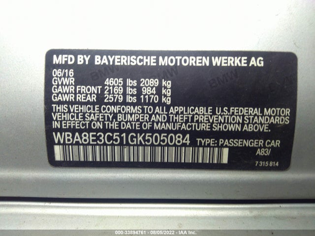 2016 BMW 3 Series, VIN: WBA8E3C51GK505084