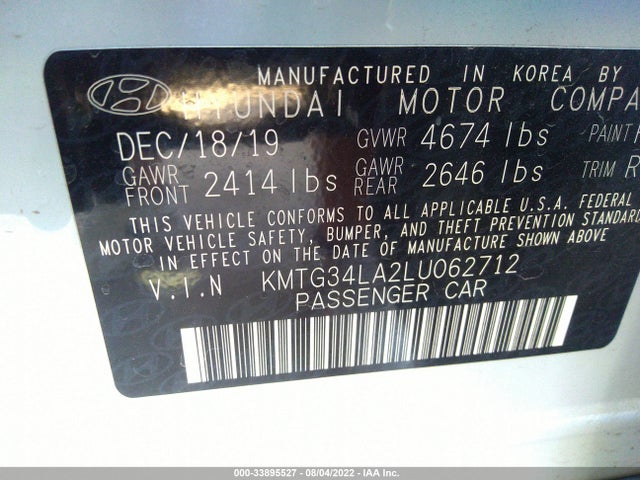 2020 Genesis G70, VIN: KMTG34LA2LU062712