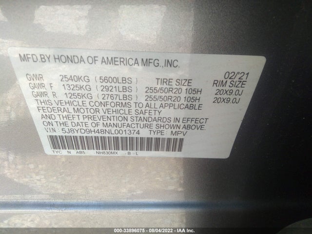 2022 Acura MDX, VIN: 5J8YD9H48NL001374