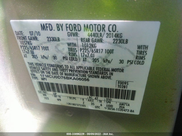 2011 FORD ESCAPE XLT VIN: 1FMCU0D76BKA06056