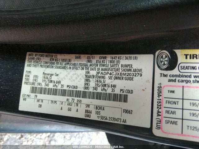 2011 FORD FIESTA SEL VIN: 3FADP4CJXBM203279