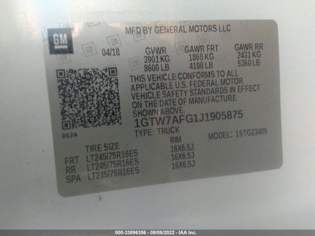 2018 GMC Savana, VIN: 1GTW7AFG1J1905875