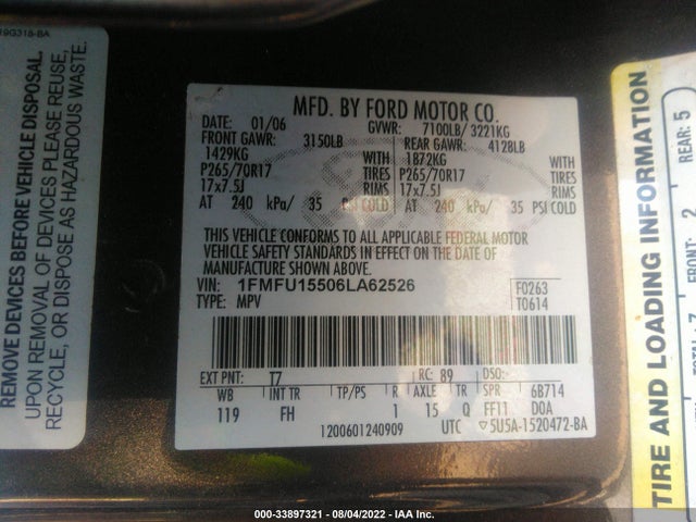 2006 FORD EXPEDITION SPECIAL SERVICE/XLT VIN: 1FMFU15506LA62526