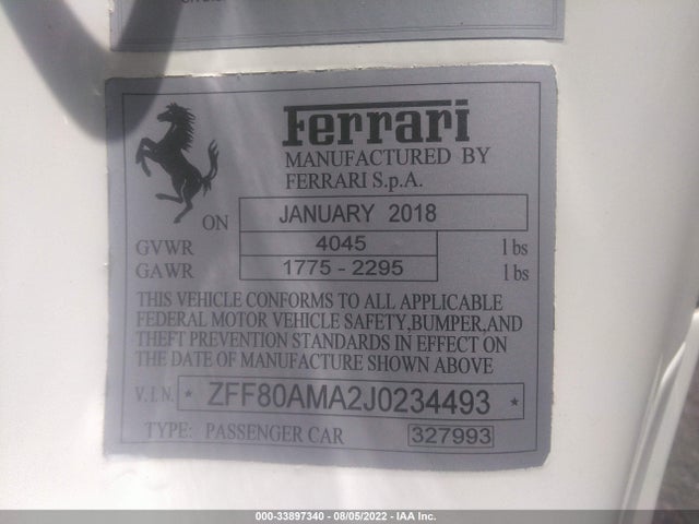 2018 Ferrari 488, VIN: ZFF80AMA2J0234493