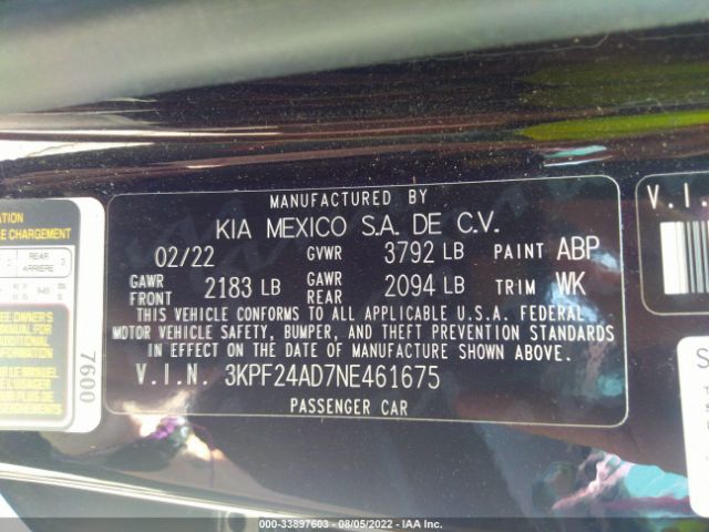 3KPF24AD7NE461675 KIA FORTE FE