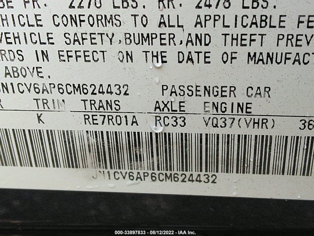 Продажа на аукционе авто 2012 Infiniti G37 Sedan Journey, vin: JN1CV6AP6CM624432, номер лота: 33897833