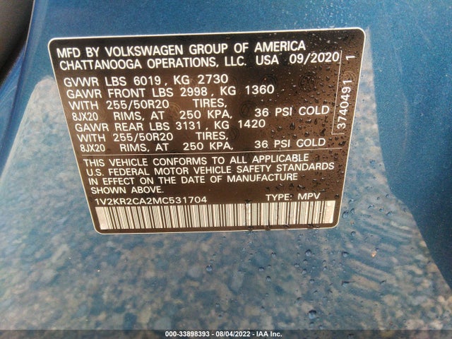 1V2KR2CA2MC531704 Volkswagen Atlas 3.6l V6 Se W/technology