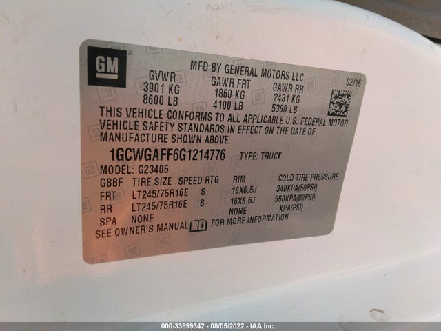 2016 Chevrolet Express, VIN: 1GCWGAFF6G1214776