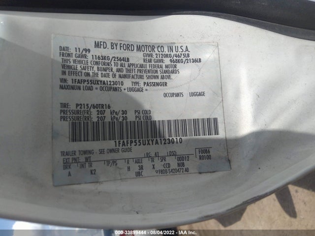 2000 FORD TAURUS SES VIN: 1FAFP55UXYA123010