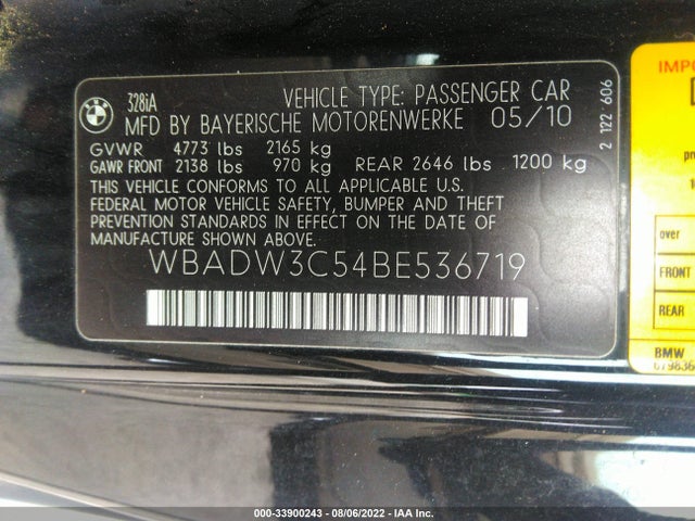 2011 BMW 3 SERIES 328I VIN: WBADW3C54BE536719