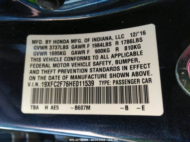 Honda Civic Sedan Ex 2017 19XFC2F76HE011539 Image 9