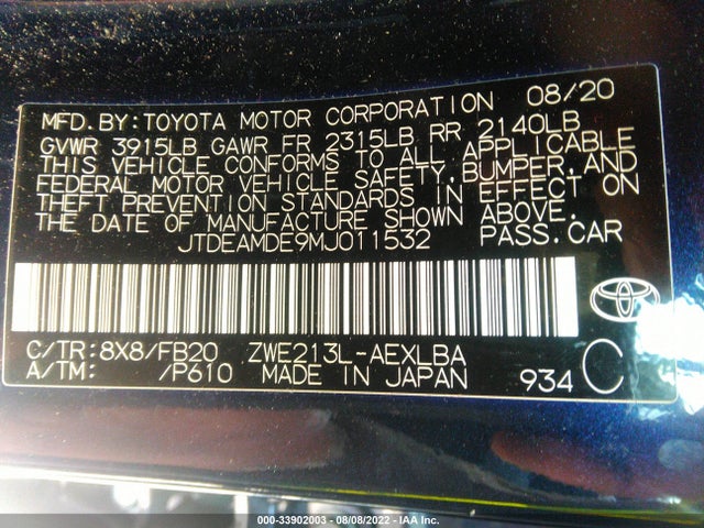 Toyota Corolla Hybrid Le 2021 JTDEAMDE9MJ011532 Image 9