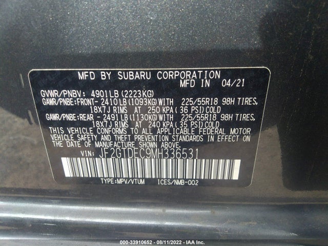 Subaru CROSSTREK HYBRID 2021 JF2GTDEC9MH336531 Image 10
