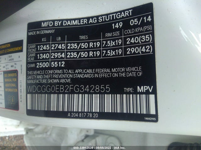 2015 Mercedes-Benz GLK-Class, VIN: WDCGG0EB2FG342855