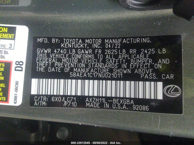 2022 Lexus ES, VIN: 58AEA1C17NU021011