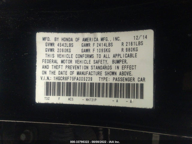 2015 Honda Accord, VIN: 1HGCR6F75FA005239