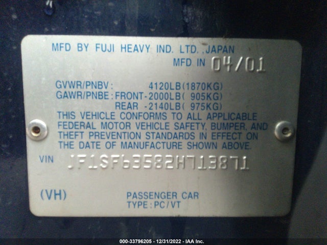 2002 SUBARU FORESTER L VIN: JF1SF63582H713871