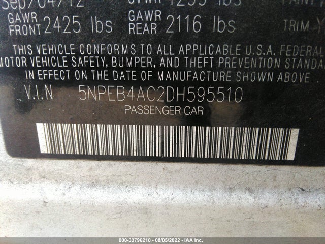 2013 HYUNDAI SONATA GLS VIN: 5NPEB4AC2DH595510