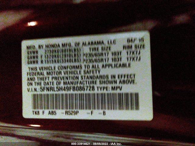 Honda ODYSSEY EX 2015 5FNRL5H49FB086728 Image 9