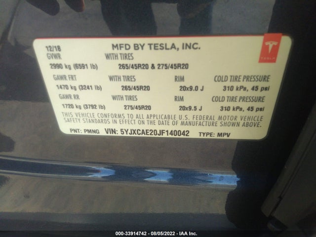 2018 Tesla Model X, VIN: 5YJXCAE20JF140042