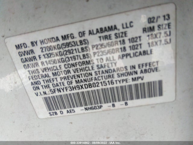 2013 HONDA PILOT TOURING VIN: 5FNYF3H9XDB021516